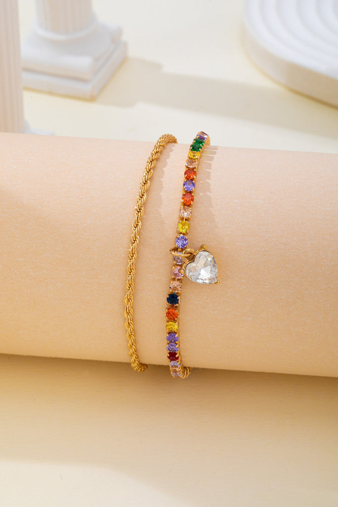 Multi-Color Crystal Heart Charm Tennis Bracelet | 80B1829