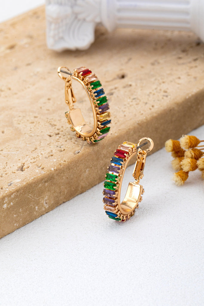 Multicolor Baguette Crystal Hoop Earrings | 80E62401