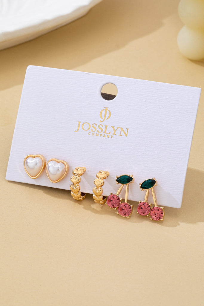 Trio Heart, Huggie, and Cherry Earring Set | 80E62473