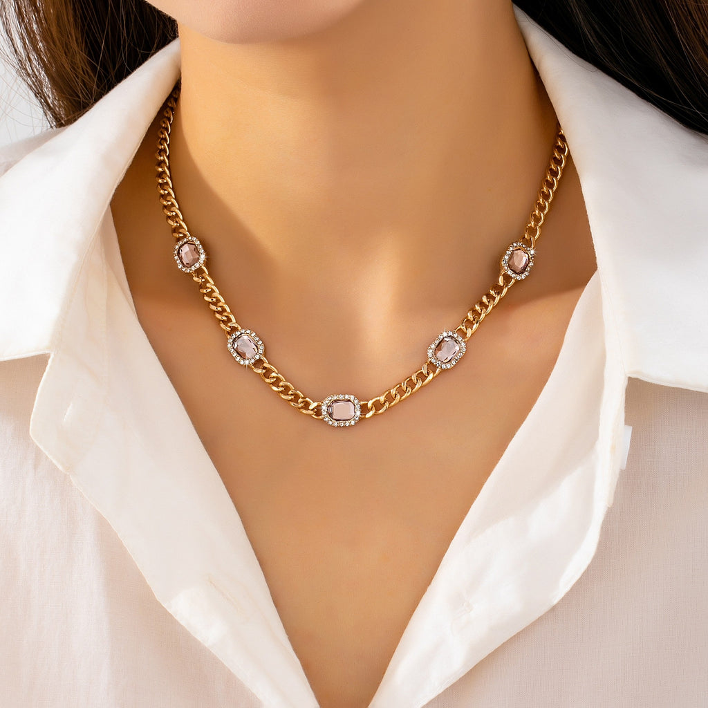 Soft Pink Crystal Station Statement Necklace | 80N93382