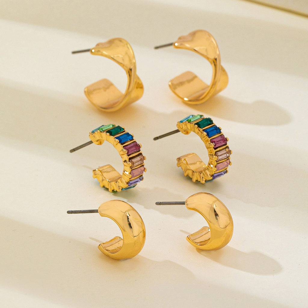 Multi Colored Baguette Twisted Hoop Trio Earring | 80E62566
