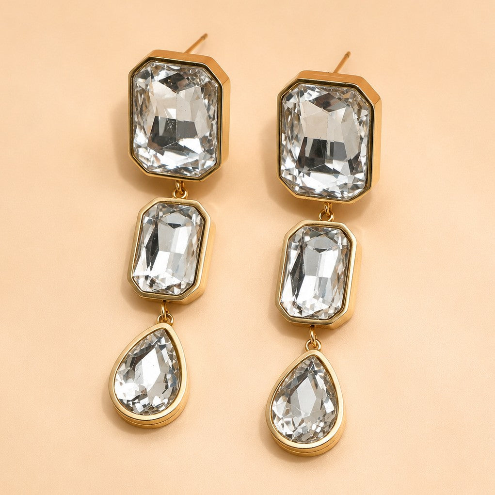 Gold Rhinestone Drop Earrings | Tarnish-Free Stainless Steel | 40E525