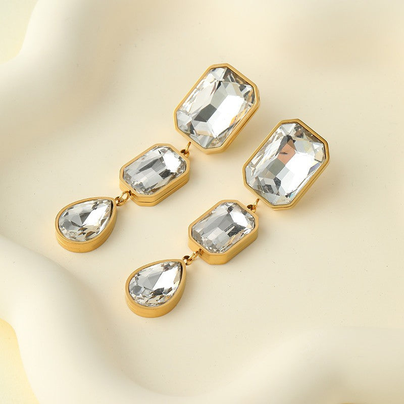 Gold Rhinestone Drop Earrings | Tarnish-Free Stainless Steel | 40E525