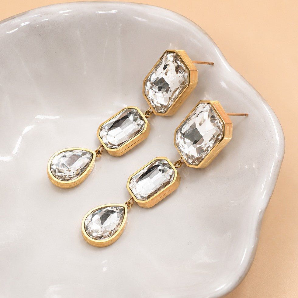 Gold Rhinestone Drop Earrings | Tarnish-Free Stainless Steel | 40E525