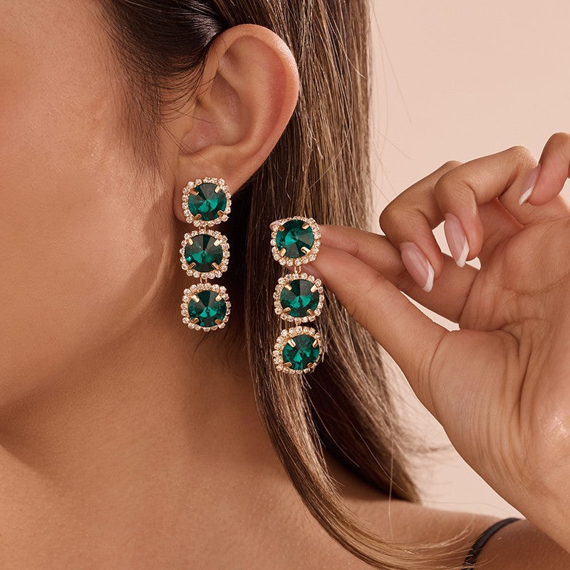 Triple-Drop Layer Emerald Ruby Rhinestone Earrings | 40E530