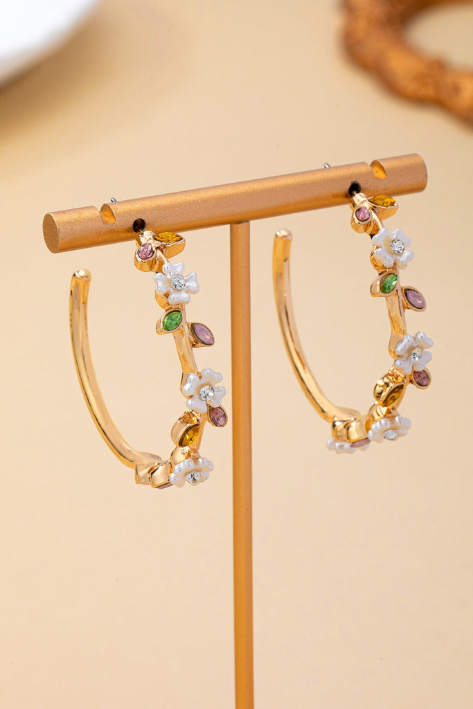 Botanical White Enamel Flowers Crystal Hoop Earrings | 80E62639