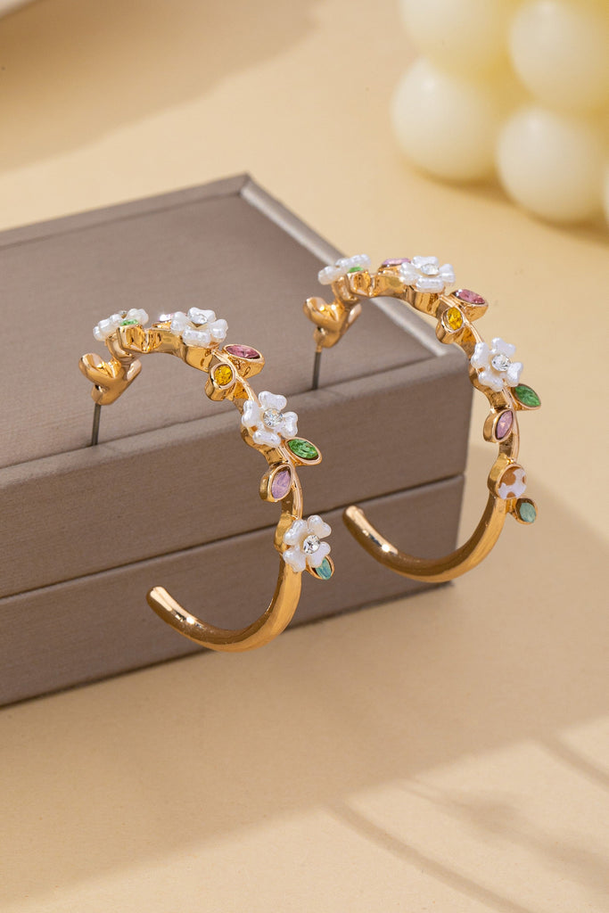 Botanical White Enamel Flowers Crystal Hoop Earrings | 80E62639