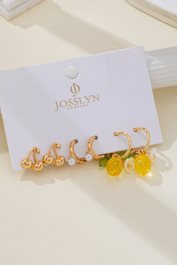 Cherry Studs Pearl Lemon Huggie Hoop Trio Earrings | 80E6267