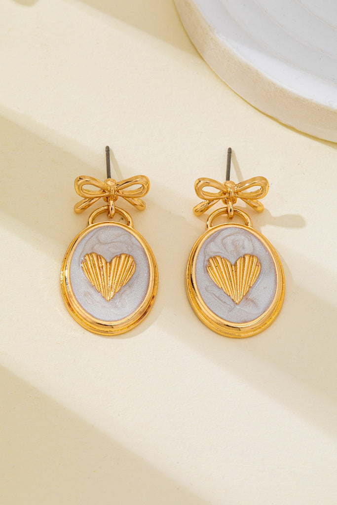 Enamel Oval Gold Heart Bow Drop Earrrings | 80E62589