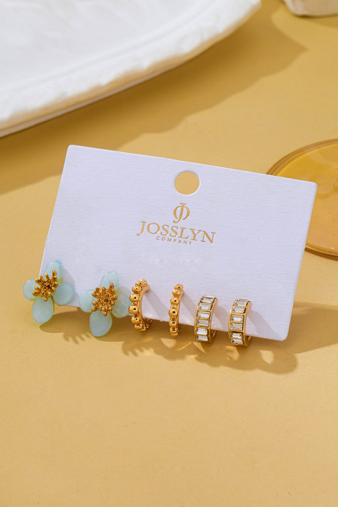 Resin Flower Stud & Baguette Huggie Hoop Trio Earring Set | 80E62686