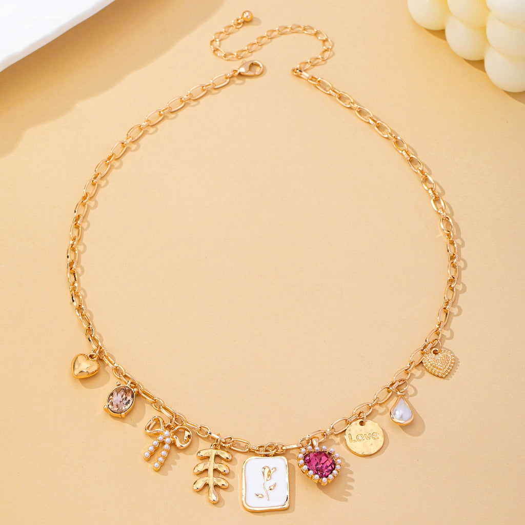 Romantic Pink Heart & Bow Multi-Charm Necklace | 80N93409