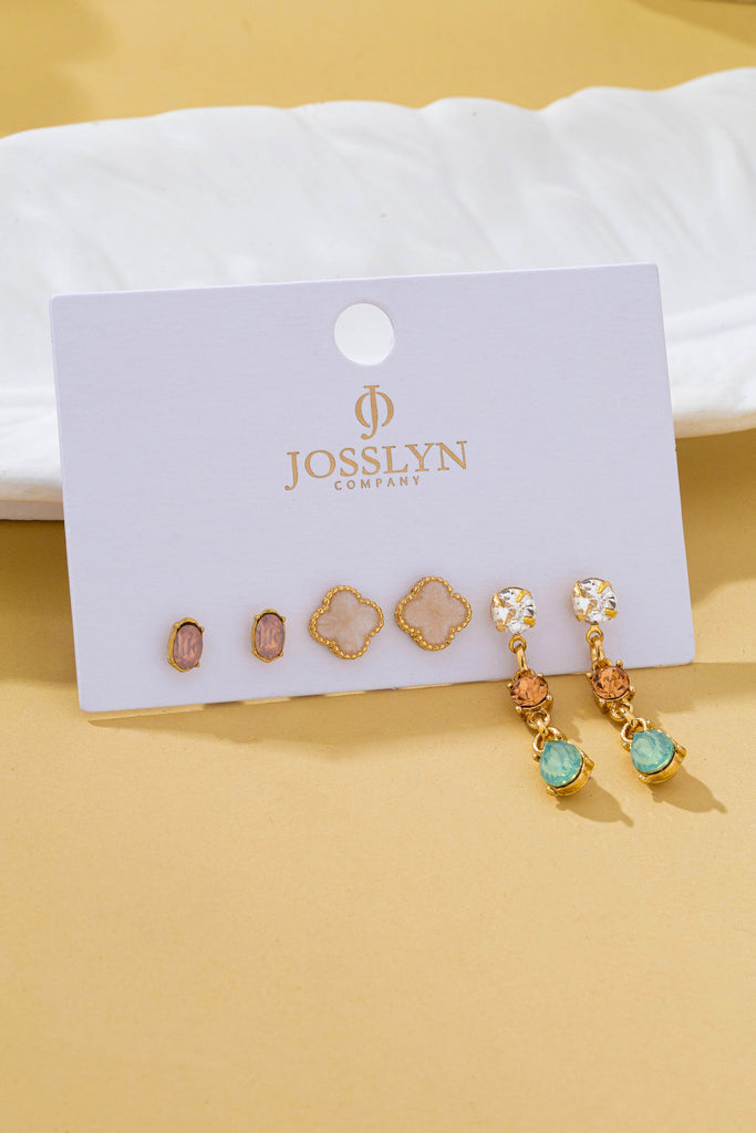 Mixed Clover Rhinestone Stud & Drop Trio Earring Set | 80E62676