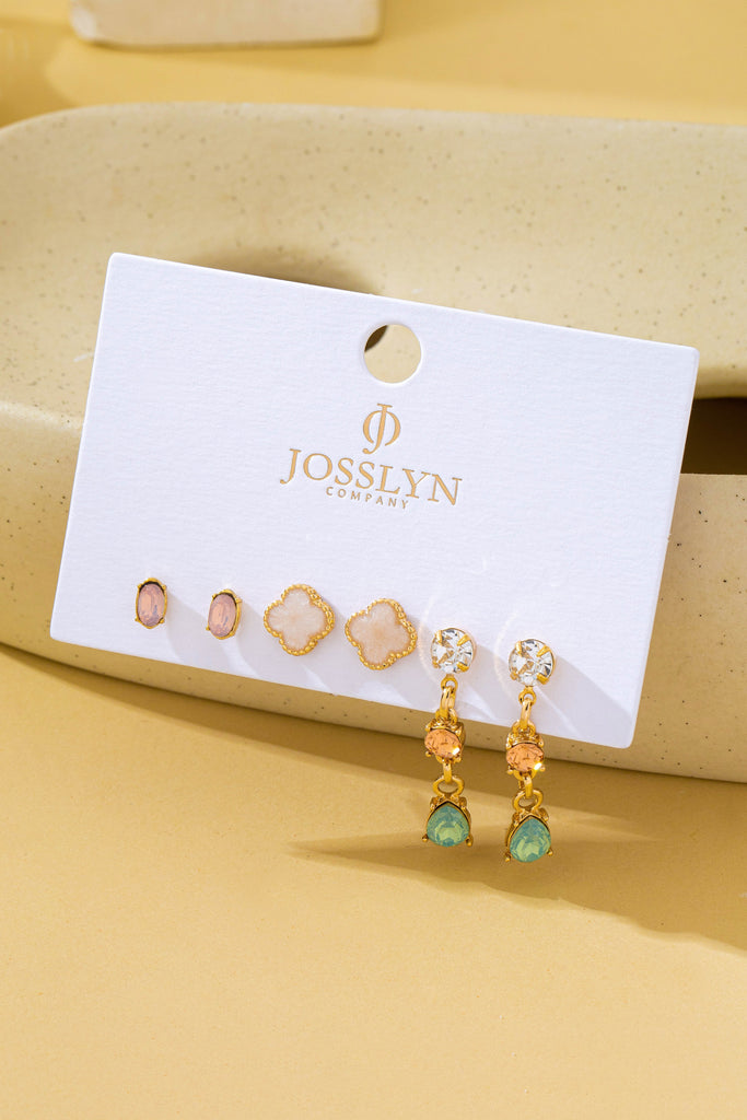 Mixed Clover Rhinestone Stud & Drop Trio Earring Set | 80E62676