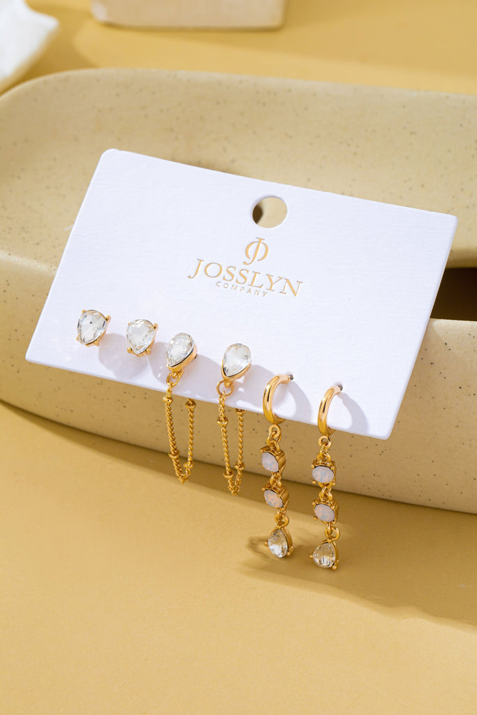 Crystal Stud & Linear Opal Drop Trio Earring Set | 80E62680