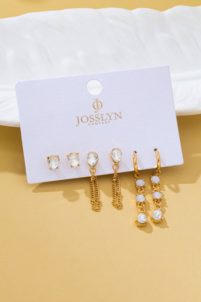 Crystal Stud & Linear Opal Drop Trio Earring Set | 80E62680