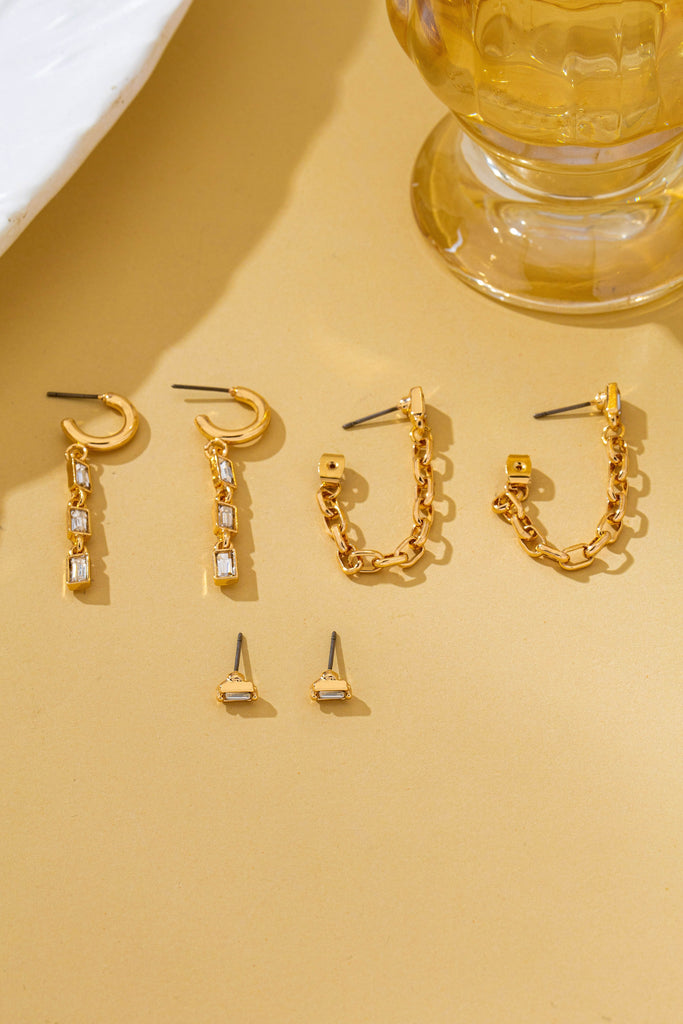 Geometric Baguette Stud & Chain Trio Earring Set | 80E62681