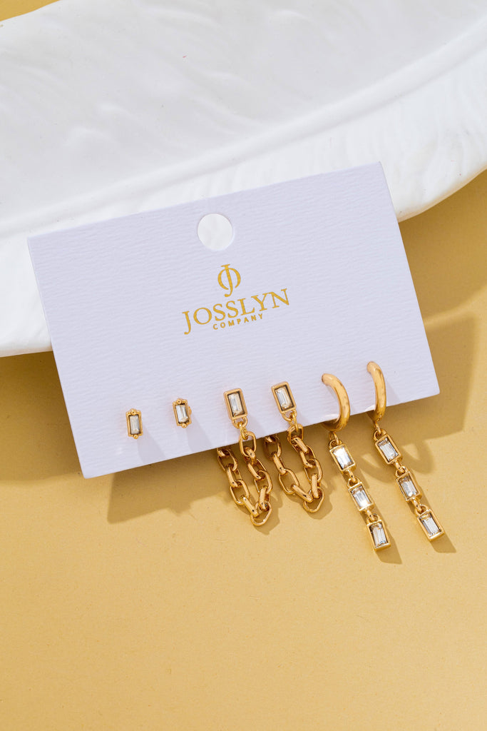 Geometric Baguette Stud & Chain Trio Earring Set | 80E62681