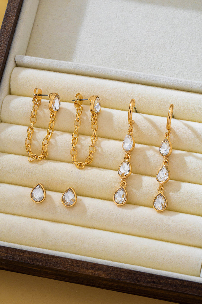 Teardrop Crystal Chain Hoop Drop Trio Earring Set | 80E62682
