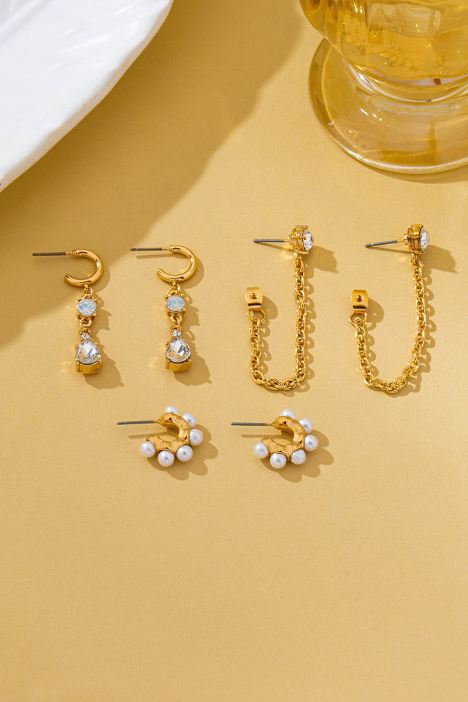 Pearl Hoop Crystal Drop Chain Trio Earring Set | 80E62685