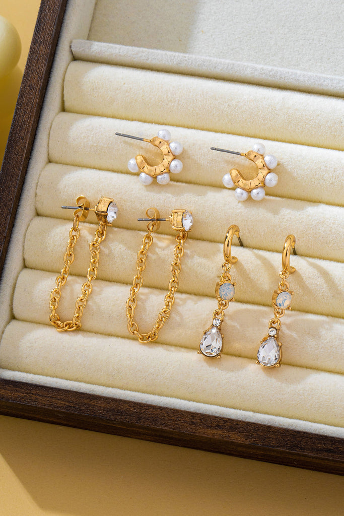 Pearl Hoop Crystal Drop Chain Trio Earring Set | 80E62685