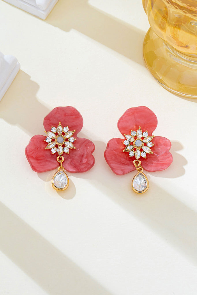 Marbled Resin Floral Rhinestone Drop Earrings | 80E62723