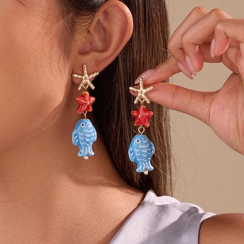Under the Sea Ceramic Fish & Starfish Drop Earrings | 40E538