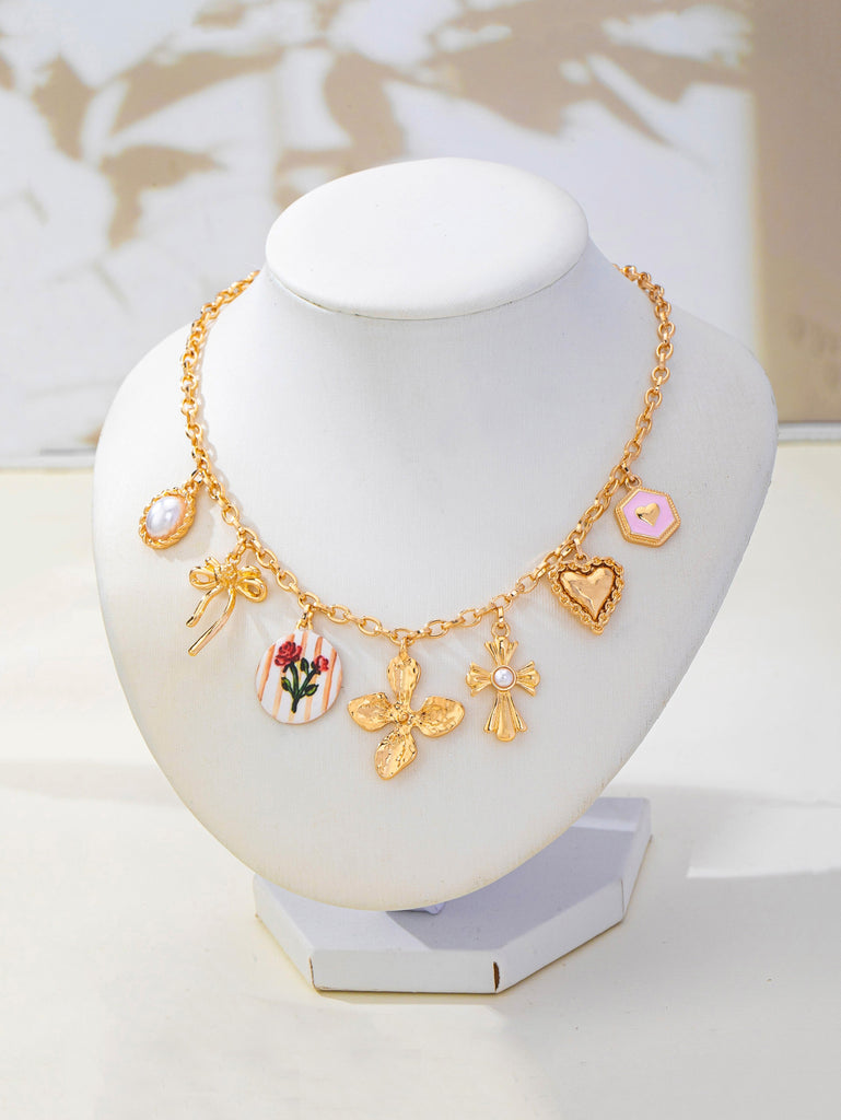 Vintage-Inspired Flower Pearl Cross Heart Charm Necklace | 80N93477