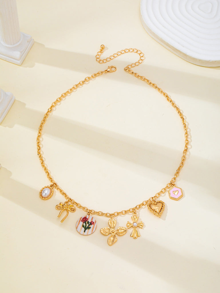 Vintage-Inspired Flower Pearl Cross Heart Charm Necklace | 80N93477