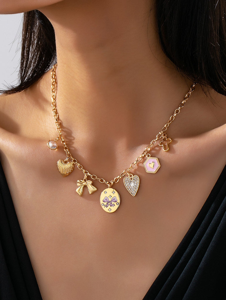 Romantic Flower Rhinestone Heart Bow Charm Necklace | 80N93479
