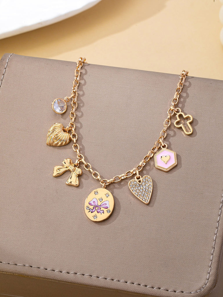 Romantic Flower Rhinestone Heart Bow Charm Necklace | 80N93479