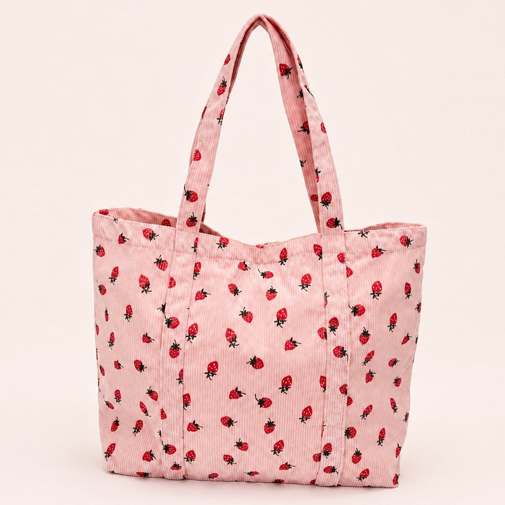 Strawberry Print Corduroy Shoulder Tote Bag | 40P639