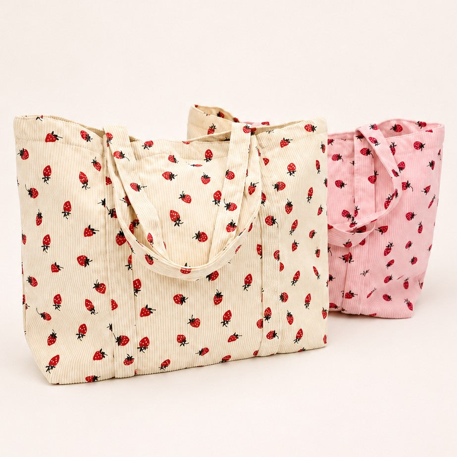 Strawberry Print Corduroy Shoulder Tote Bag | 40P639