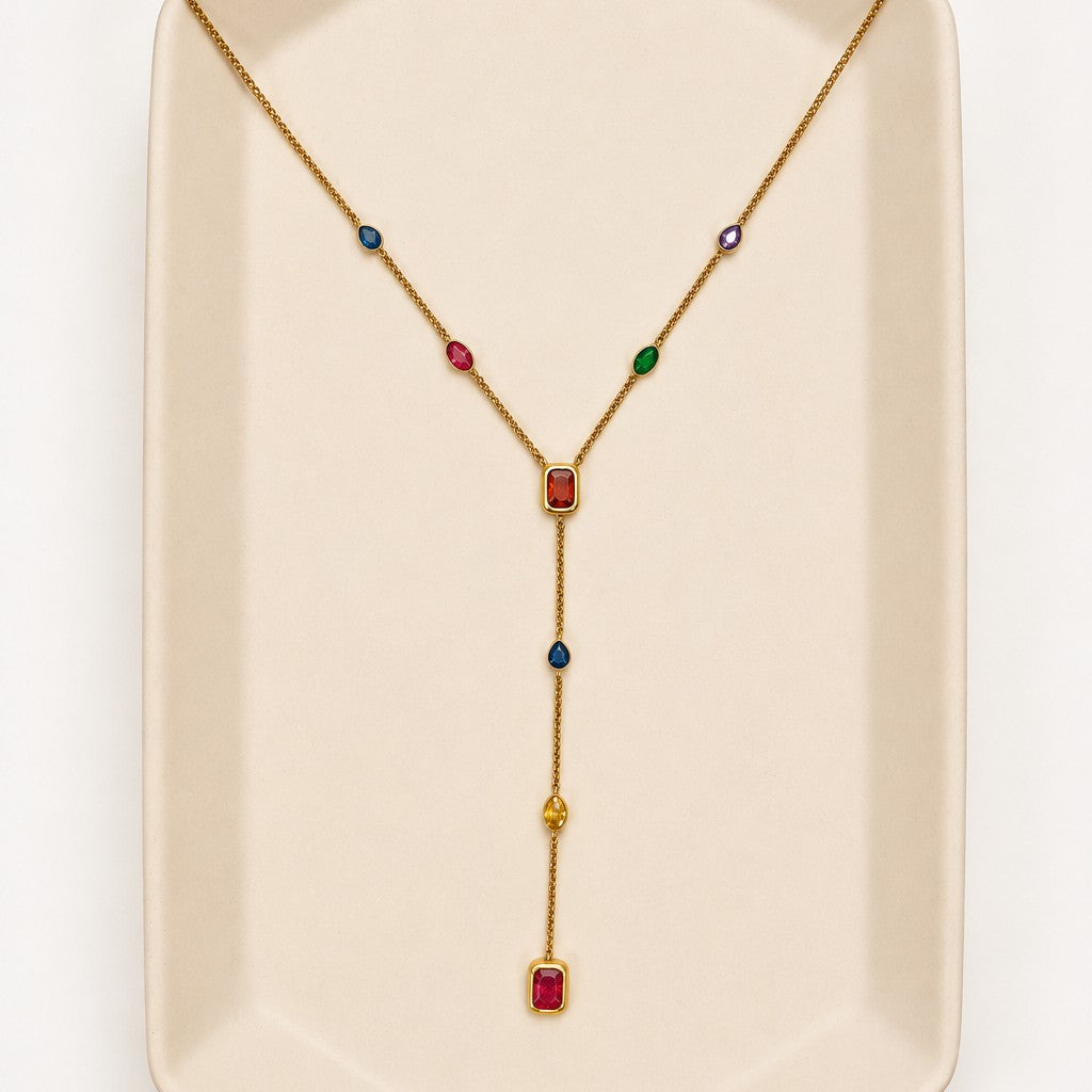 18K STAINLESS STEEL RAINBOW CRYSTAL Y NECKLACE | 40NK9763