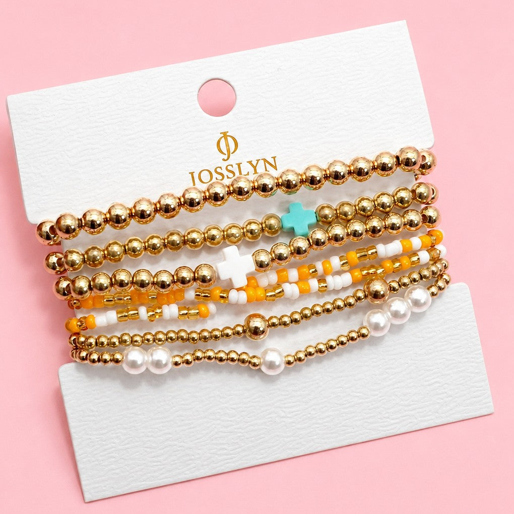 MULTI BALL PEARL BEAD CROSS STRETCHABLE BRACELET | 40B5271