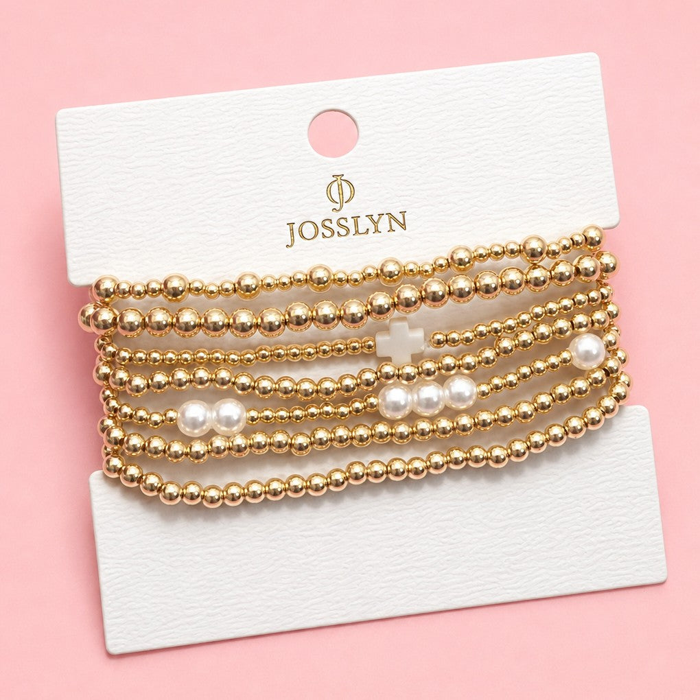 MULTI BALL PEARL BEAD CROSS STRETCHABLE BRACELET | 40B5271