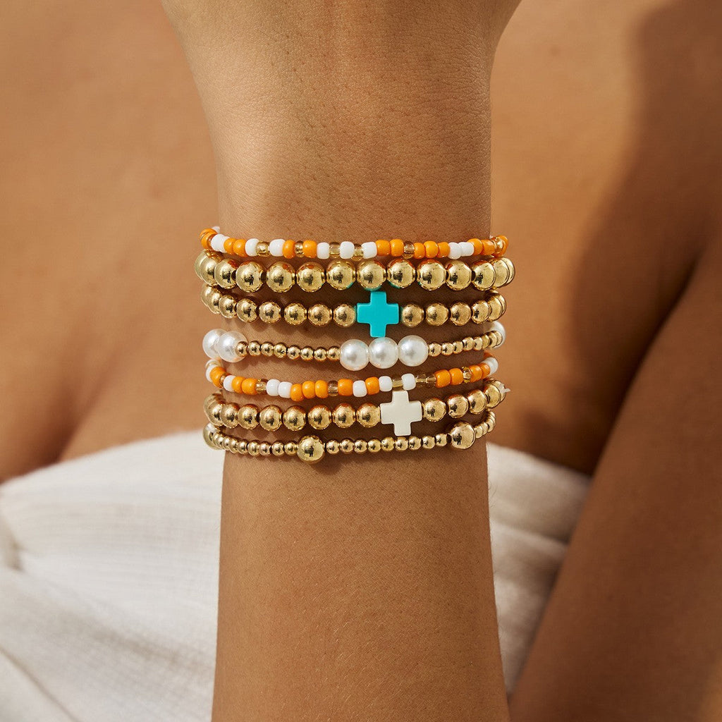 MULTI BALL PEARL BEAD CROSS STRETCHABLE BRACELET | 40B5271