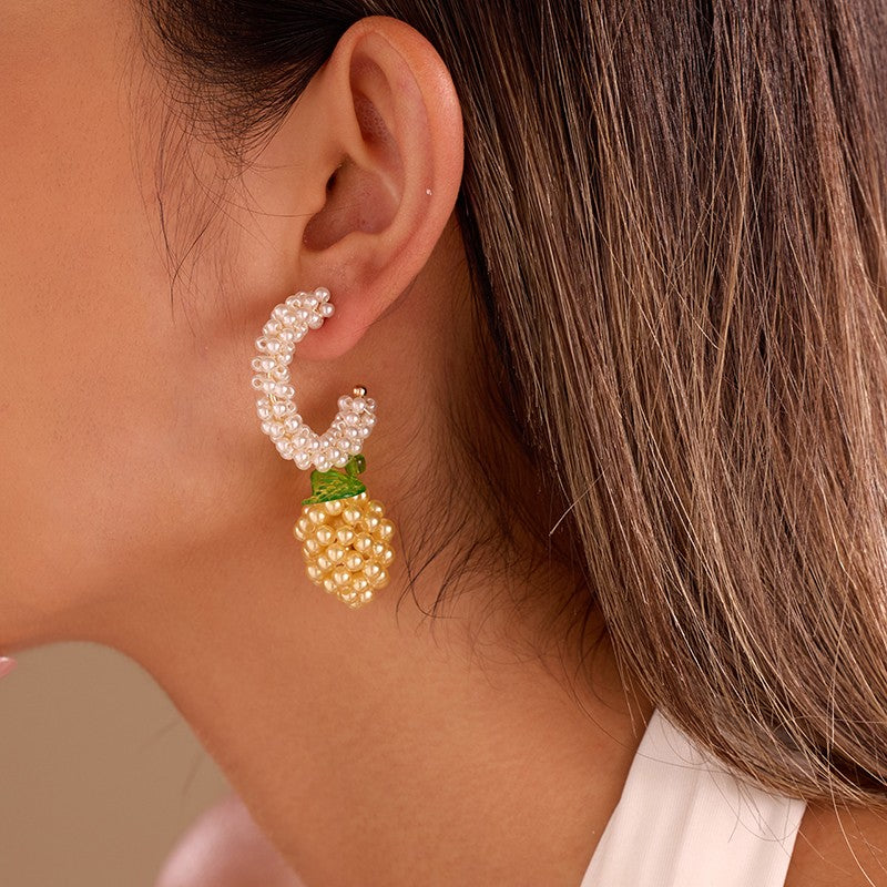 Lemon Cluster Beaded Pearl Hoop Drop Earrings | 40E545