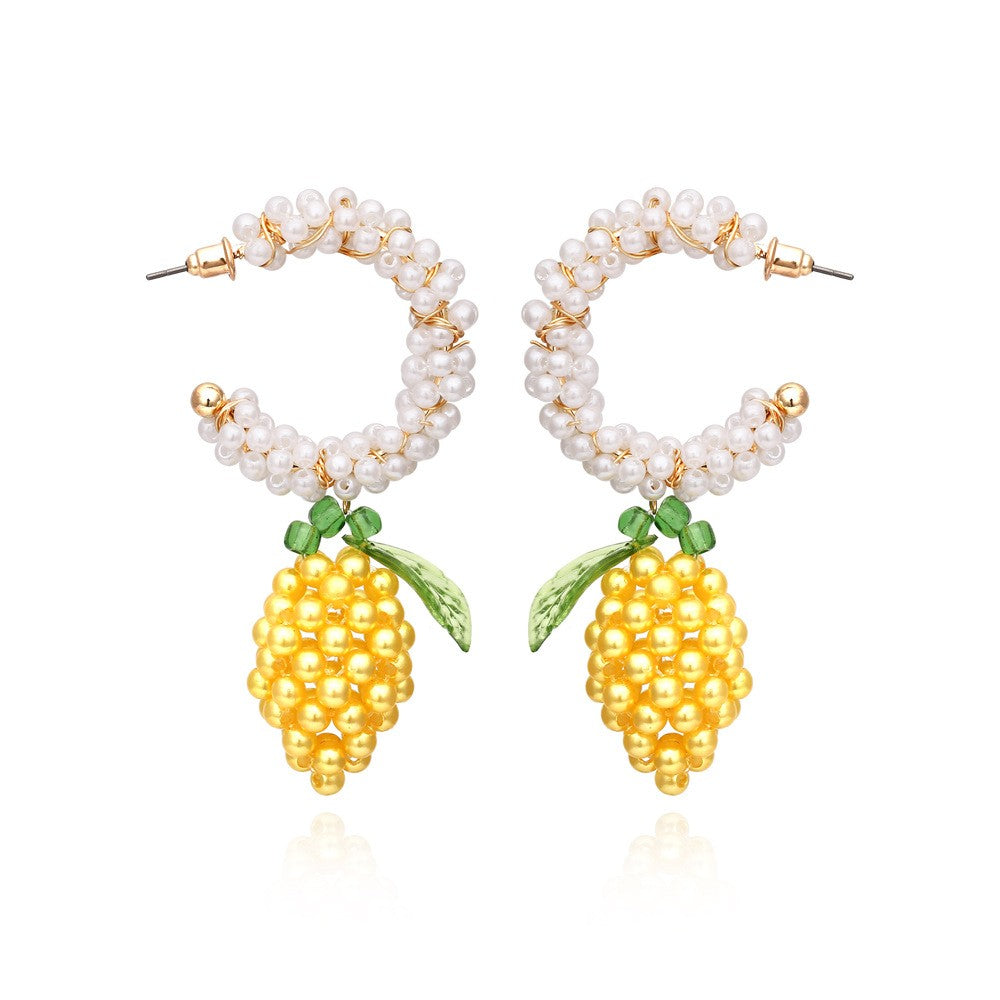 Lemon Cluster Beaded Pearl Hoop Drop Earrings | 40E545
