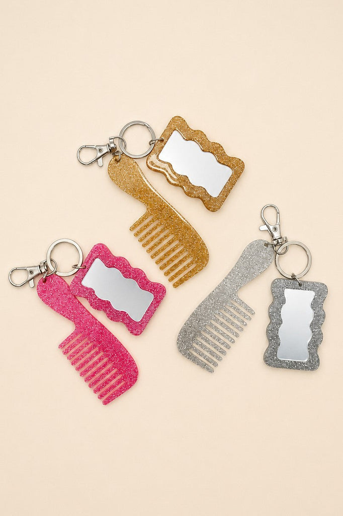 GLITTER HAIR COMB MIRROR BAG CHARM KEY CHAIN | 40KC189