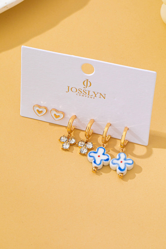 Gold Heart Crystal Cluster Huggie & Floral Hoop Earring Set | 80E62867