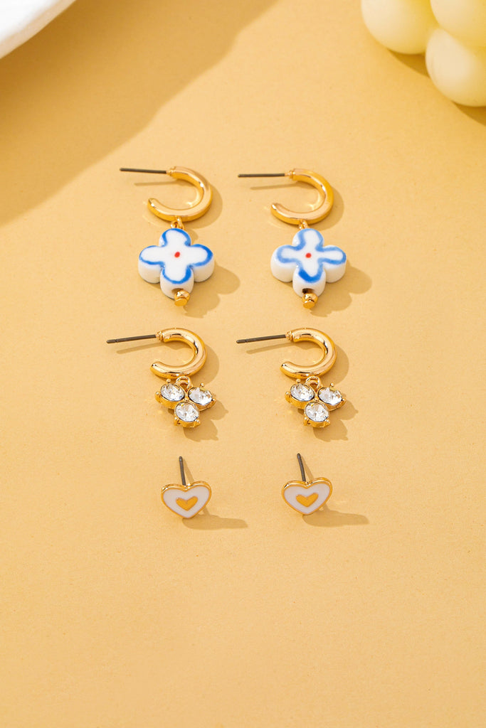 Gold Heart Crystal Cluster Huggie & Floral Hoop Earring Set | 80E62867