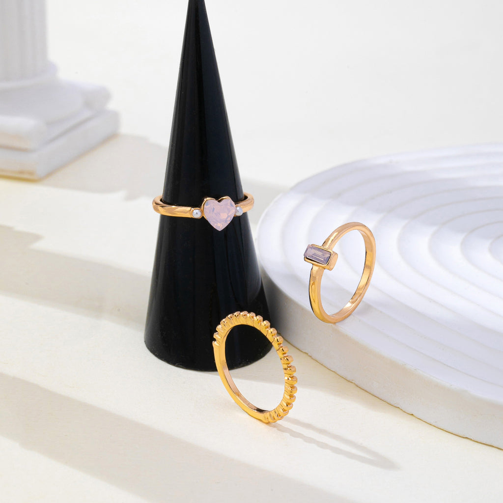 Milky Pink Opal Baguette Heart 3-Piece Ring Set | 80R300