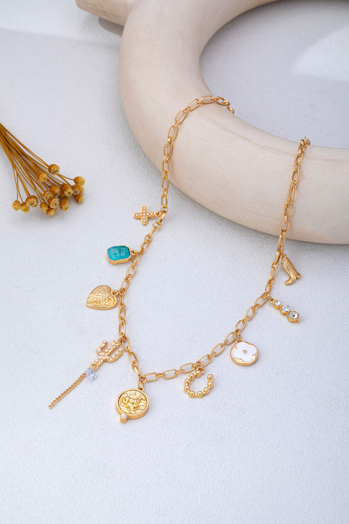 Western Boot Catus Flower Stone Charm Necklace | 80N93595