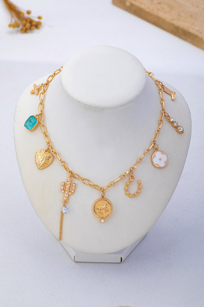 Western Boot Catus Flower Stone Charm Necklace | 80N93595
