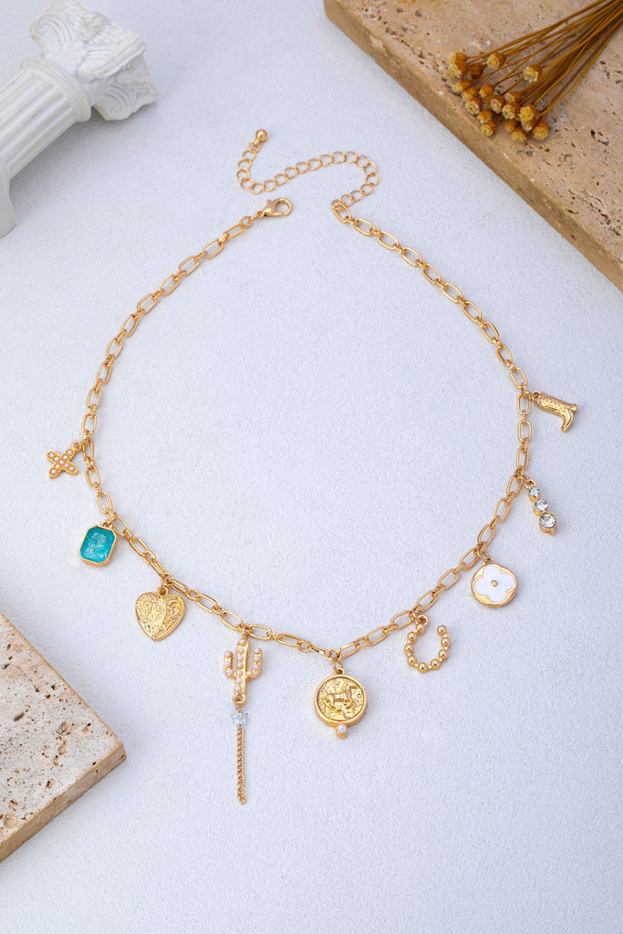 Western Boot Catus Flower Stone Charm Necklace | 80N93595