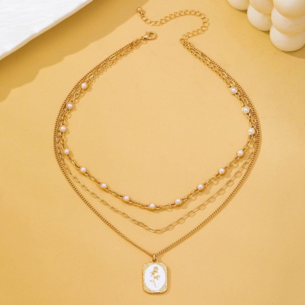 Layered Enamel Pearl & Rose Tag Pendant Necklace | 80N93573