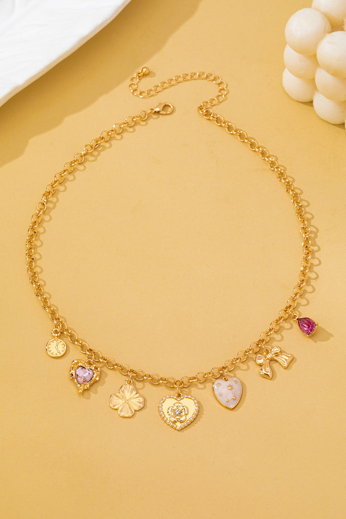 Vintage-Inspired Floral Heart Stone Station Charm Necklace | 80N93571