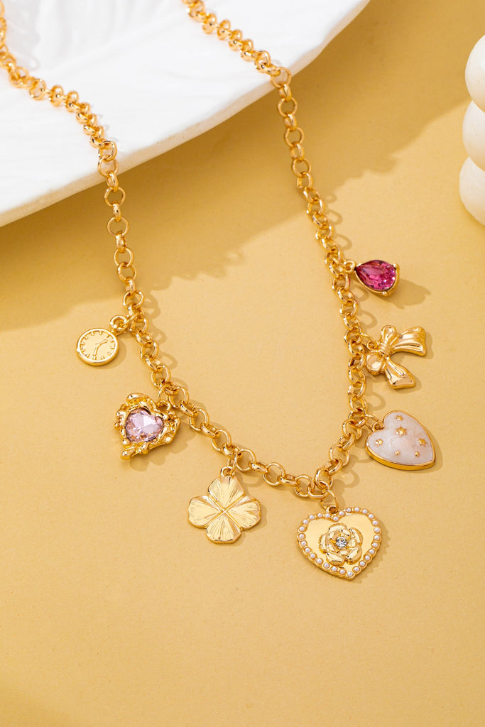 Vintage-Inspired Floral Heart Stone Station Charm Necklace | 80N93571