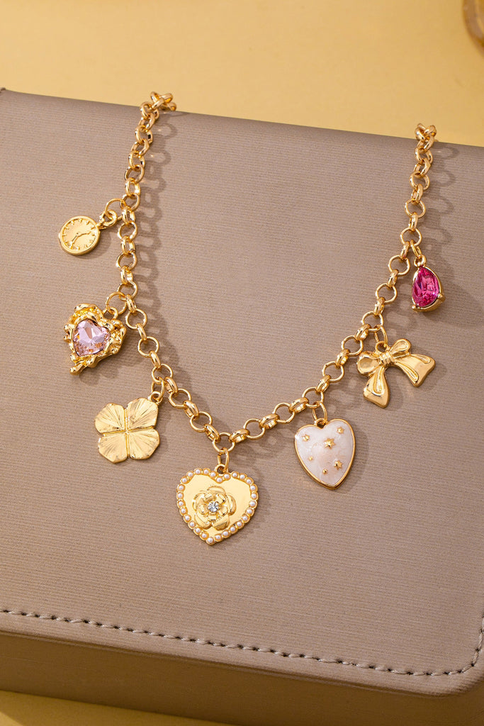 Vintage-Inspired Floral Heart Stone Station Charm Necklace | 80N93571