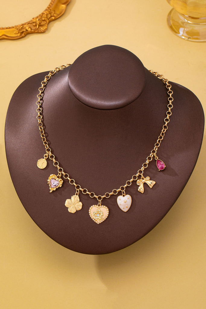 Vintage-Inspired Floral Heart Stone Station Charm Necklace | 80N93571